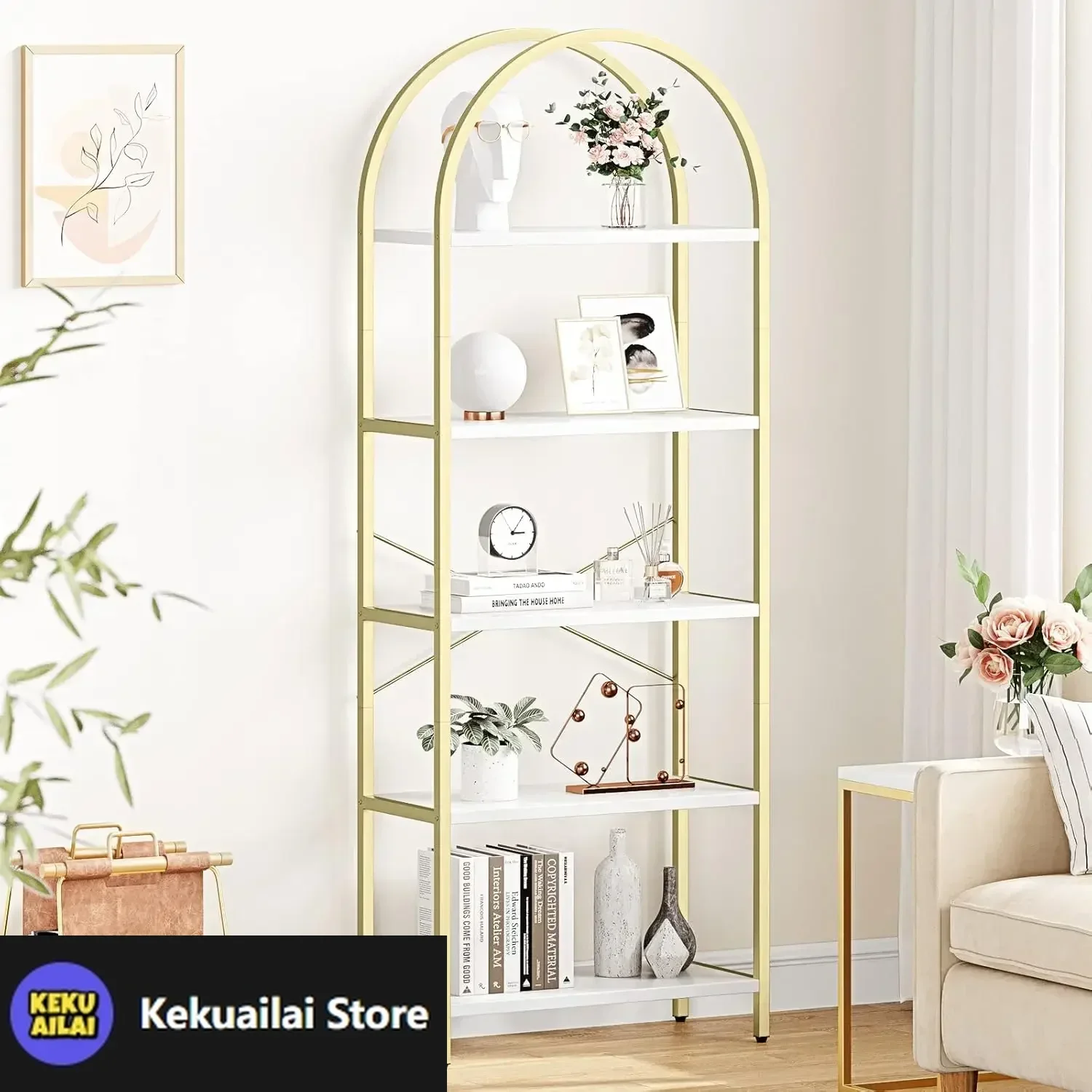 

Bookshelf 5 Tier Bookcase Arched Display Racks Tall Standing Bookshelves Metal Frame Storage Rack Shelf Large Wood Book Shelf