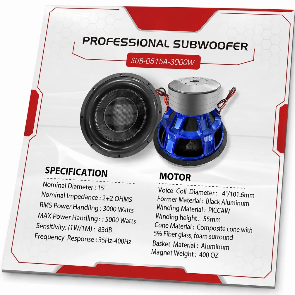 Factory Direct OEM 15 Inch 3000W RMS Car Subwoofer Speaker Aluminum Basket Competition Grade For Car Audio System Parts