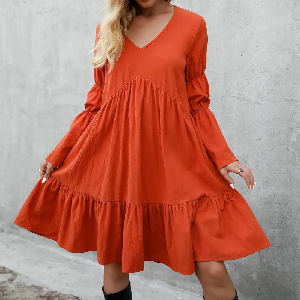 V Neck Long Sleeve Solid Color Autumn Dress Pullover Soft Solid Color Large Ruffled Hem Boho Dress Female Clothing