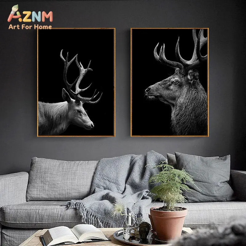 AZNM Black White Safari Animal Canvas Print Giraffe Lion Elephant Zebra Leopard Rhino Wild Wildlife Dark Background Minimalist W