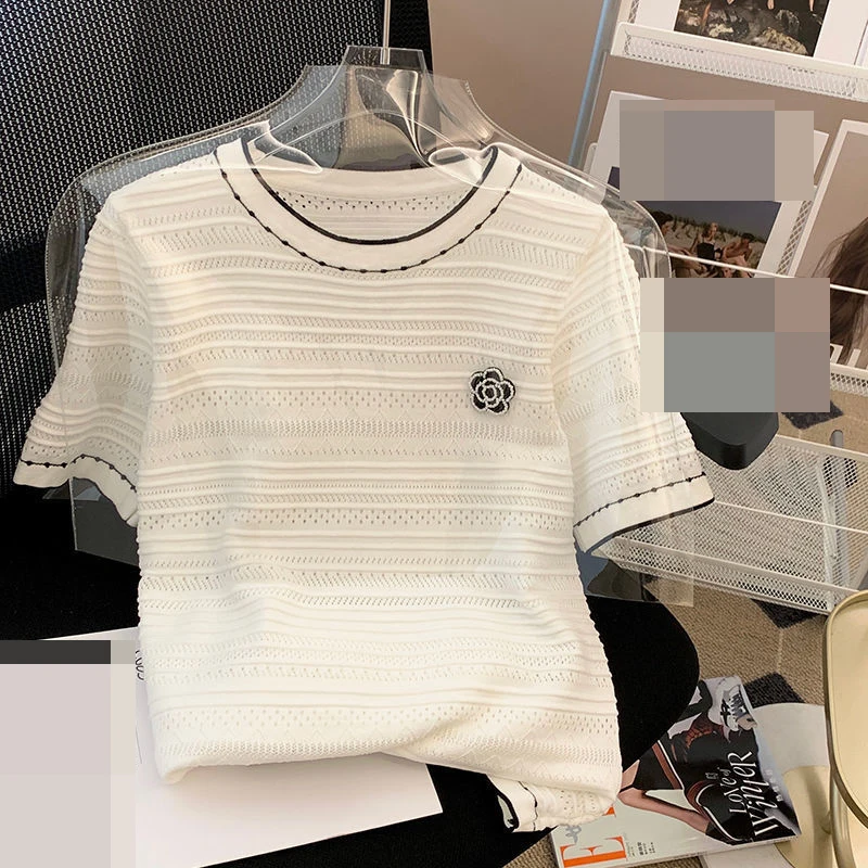 

Short sleeved top women's 2022 new white t-shirt loose short round silk sweater oversized t shirt Polyester Casual Tops