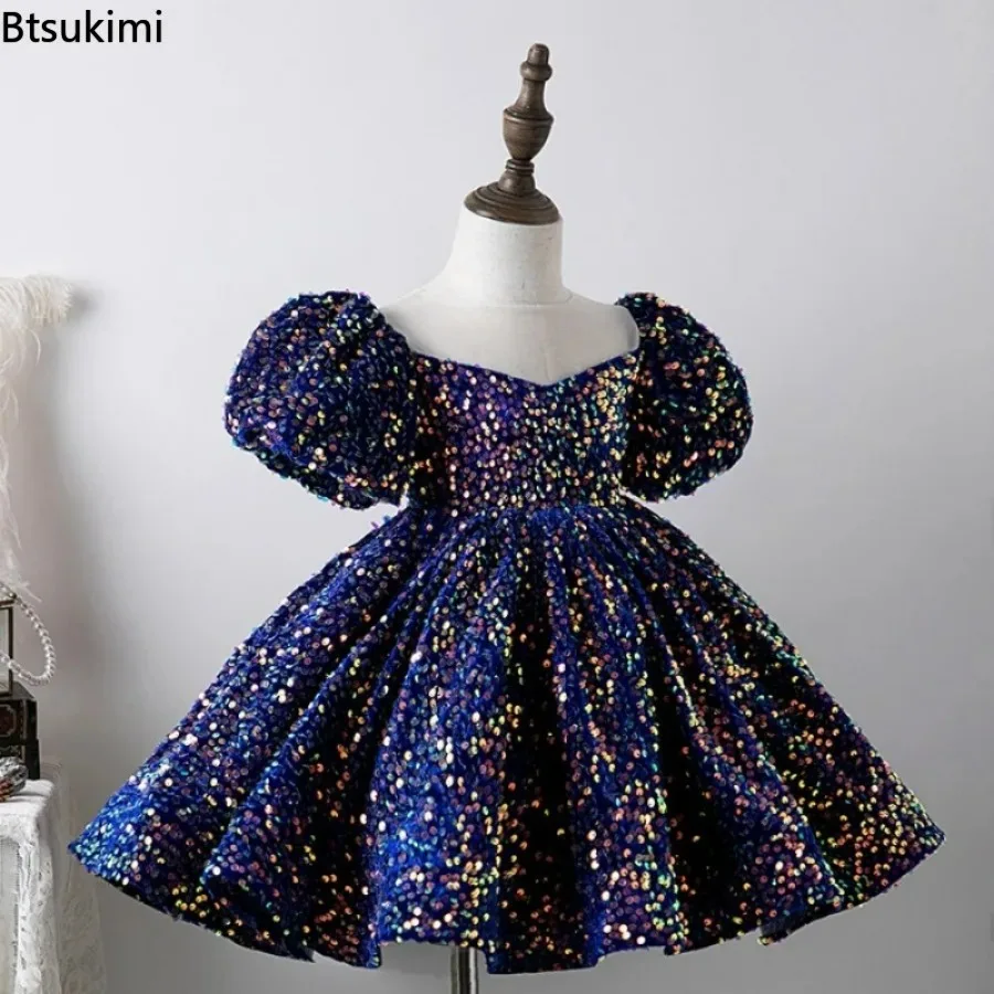 2026 New Girl's Sequin Bubble Sleeves Princess Dress Summer Sweet Hollow Mesh Fluffy Dress Banquet Carnival Performance Clothing