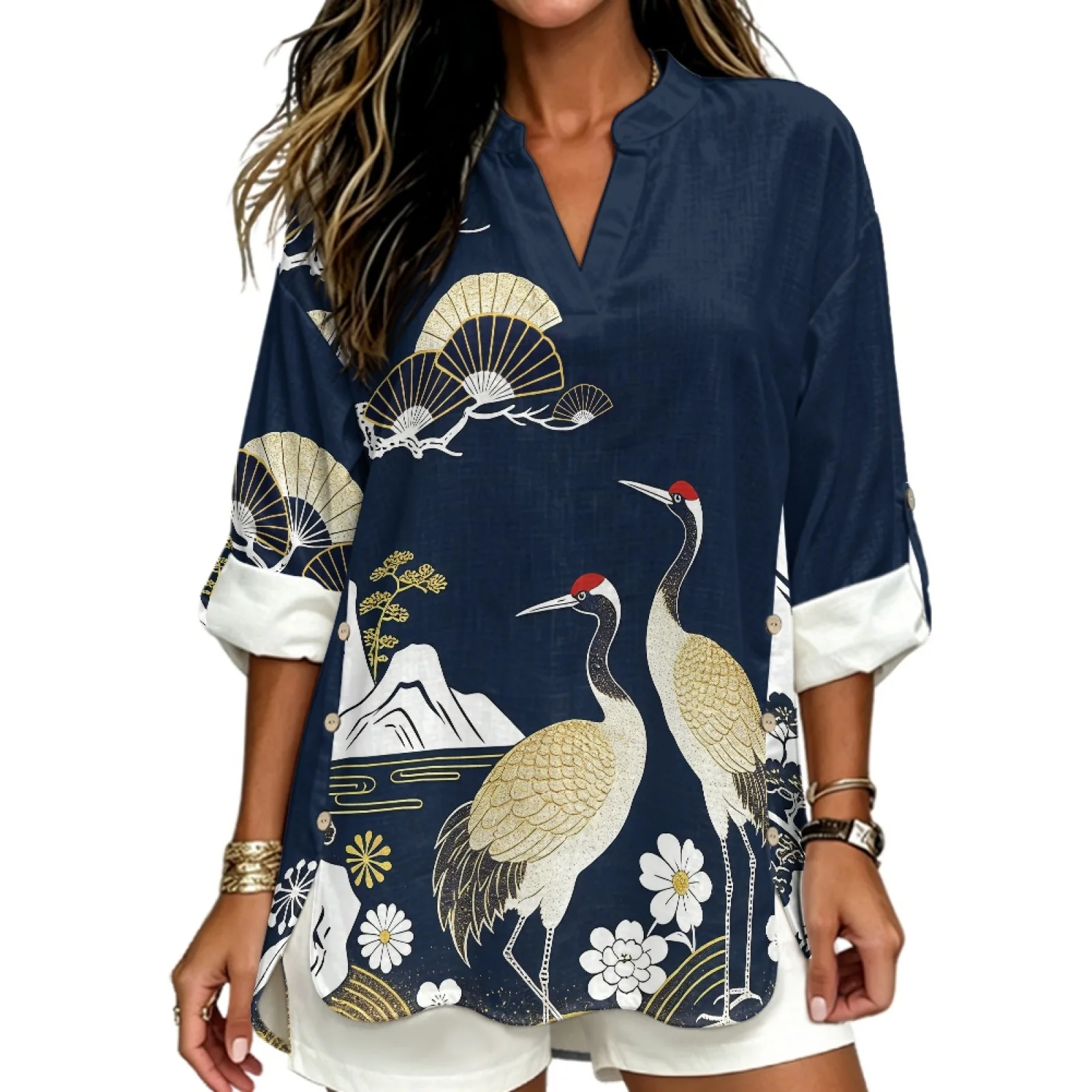 PENSTROLL Golden Crane Linen Like Long Sleeve Blouse Breathable Casual Blouses for Summer Coastal Trips Sizes S-5XL