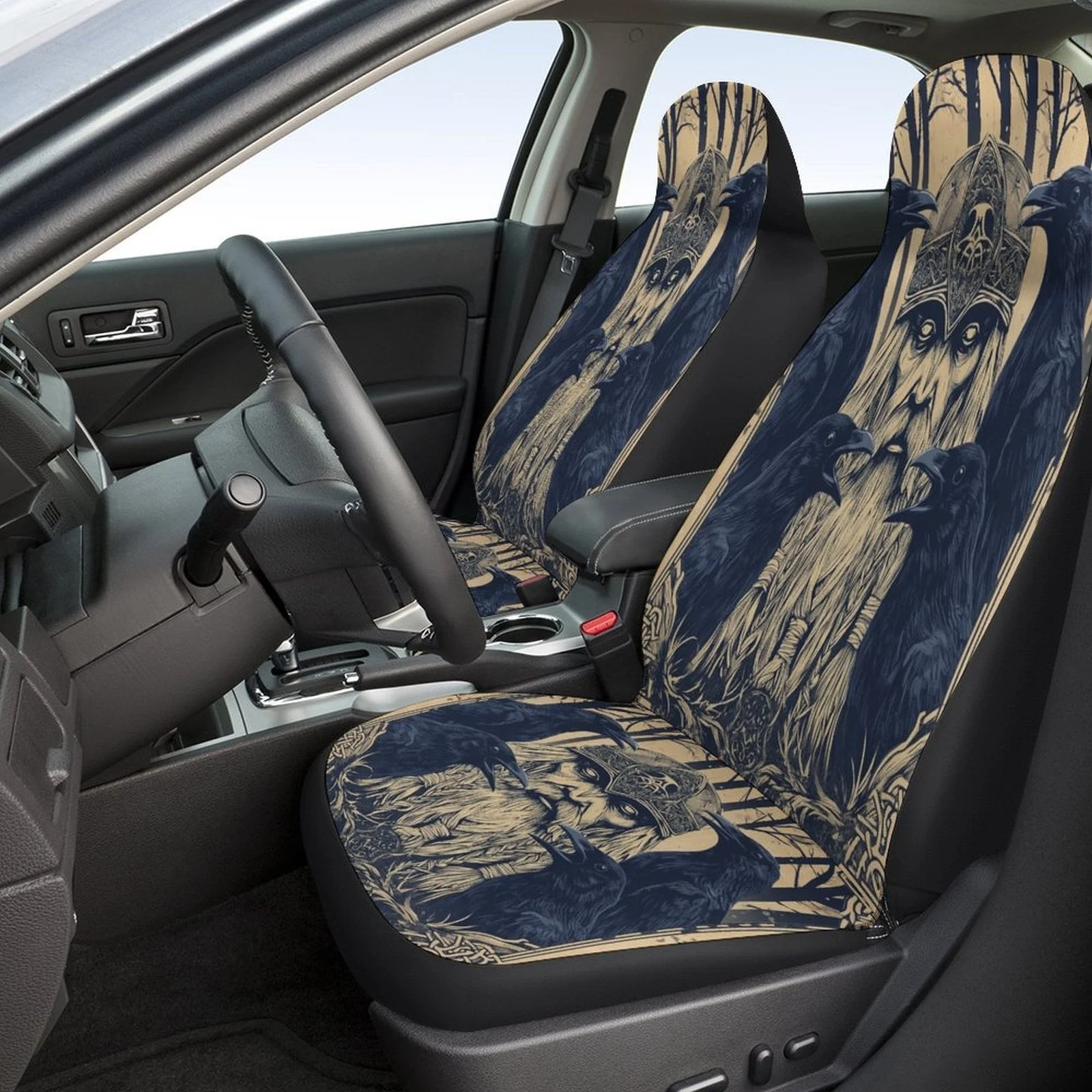 Odin With Ravens Designed Car Seat Cover Set For Most Cars, High-quality Comfortable Car Seat Protector Covers Full Set, Univers