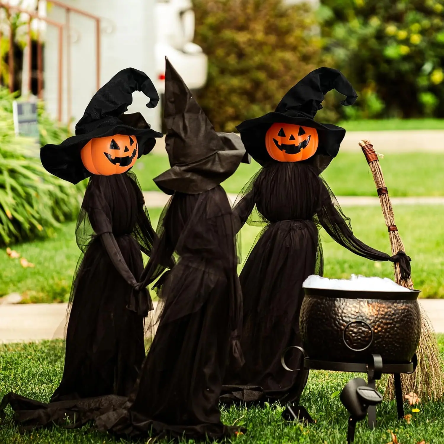 

Halloween Light-Up Witches Decoration with Stakes Outdoor Holding Hands Screaming Witches Sound Activated Sensor Decor Dropship