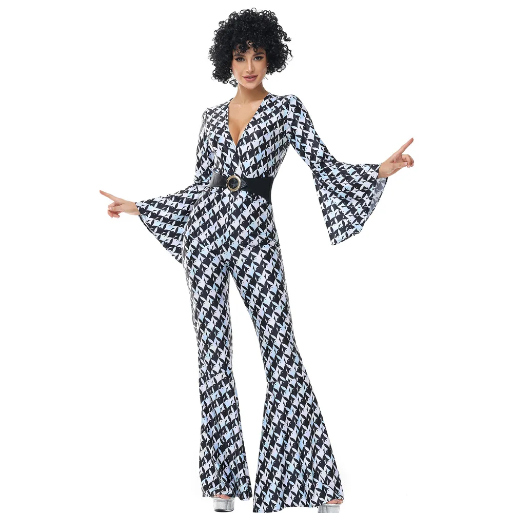 

Adult Ladies 70s Retro Disco Jumpsuit Bell Sve High Waist Plaid Par Performance Costume Chinese Production Spring 2025