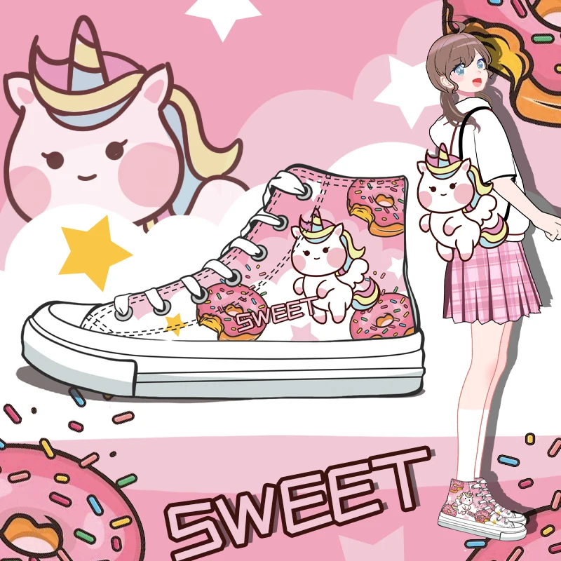 Amy and Michael Lovely Anime Cartoon Unicorn Shoes Kawaii Girls Students High Top Casual Sneakers Female Women Canvas Shoes