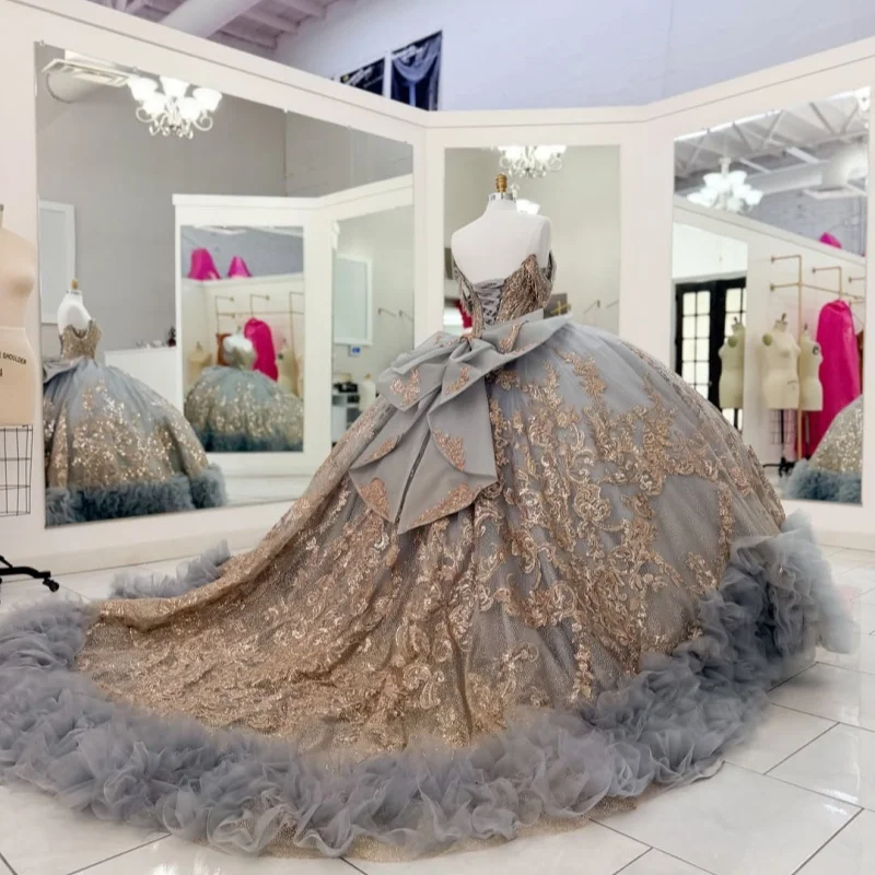 Grey Quinceanera Dress off-shoulder Crystal Golden Glitter Decal Ruffles Long tail Bow vestidos de 15 Quinceanera ﻿Customize