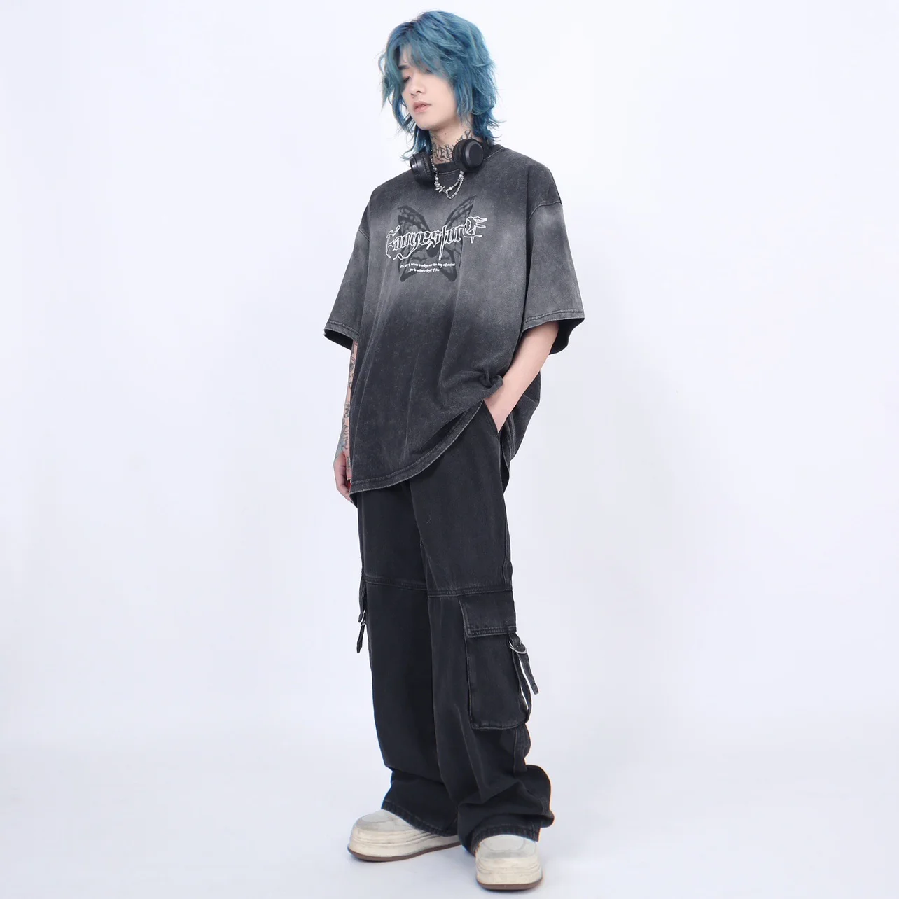 2025 Summer New American Street Style Vintage Washed High Street Short Sleeve T-Shirt Men's Loose Casual Black Top