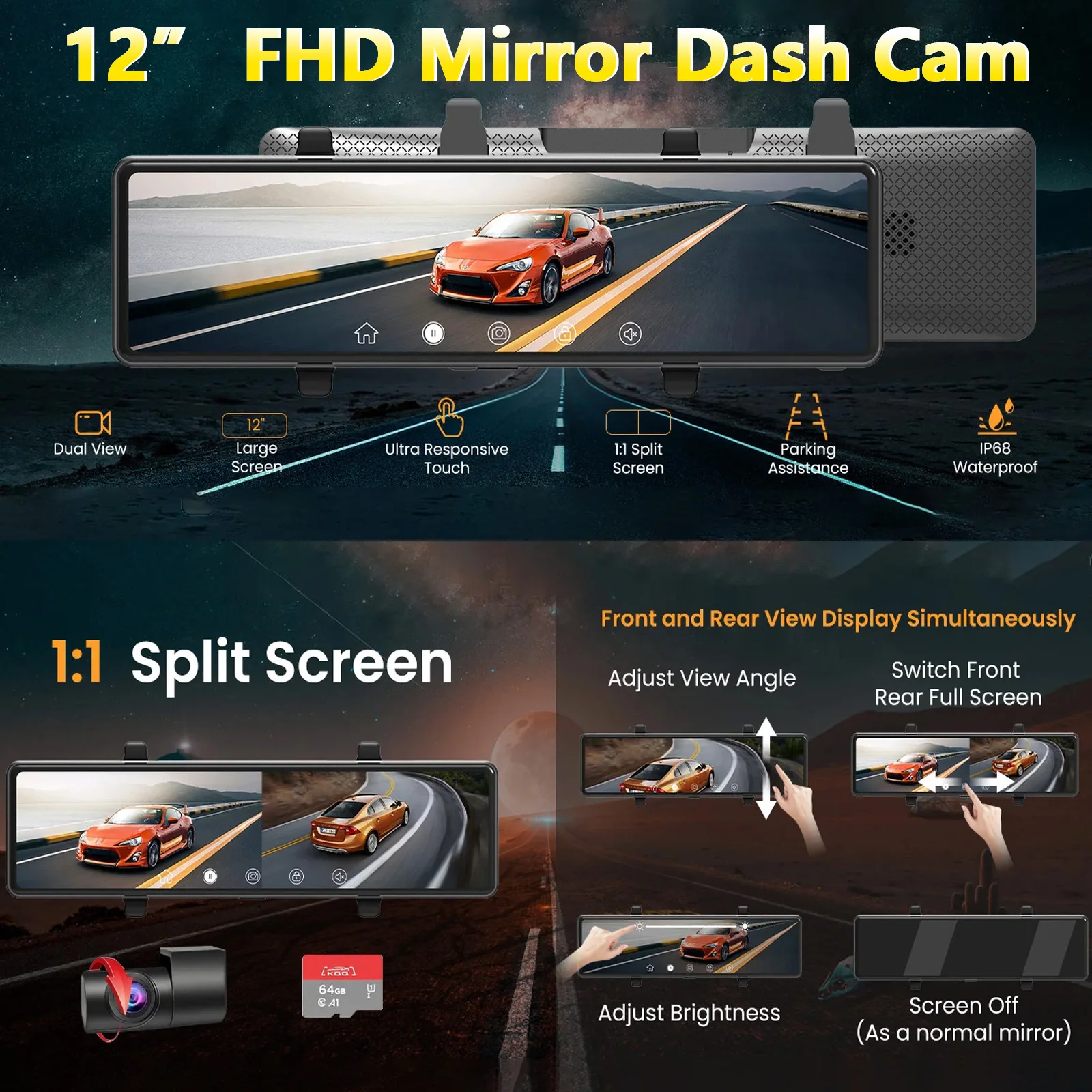 12'' Dashcam with  2.5K Front and 1080P Rear Dual Lens Touch Screen Stream Media Camera support 24H Parking Monitor Wifi Car DVR