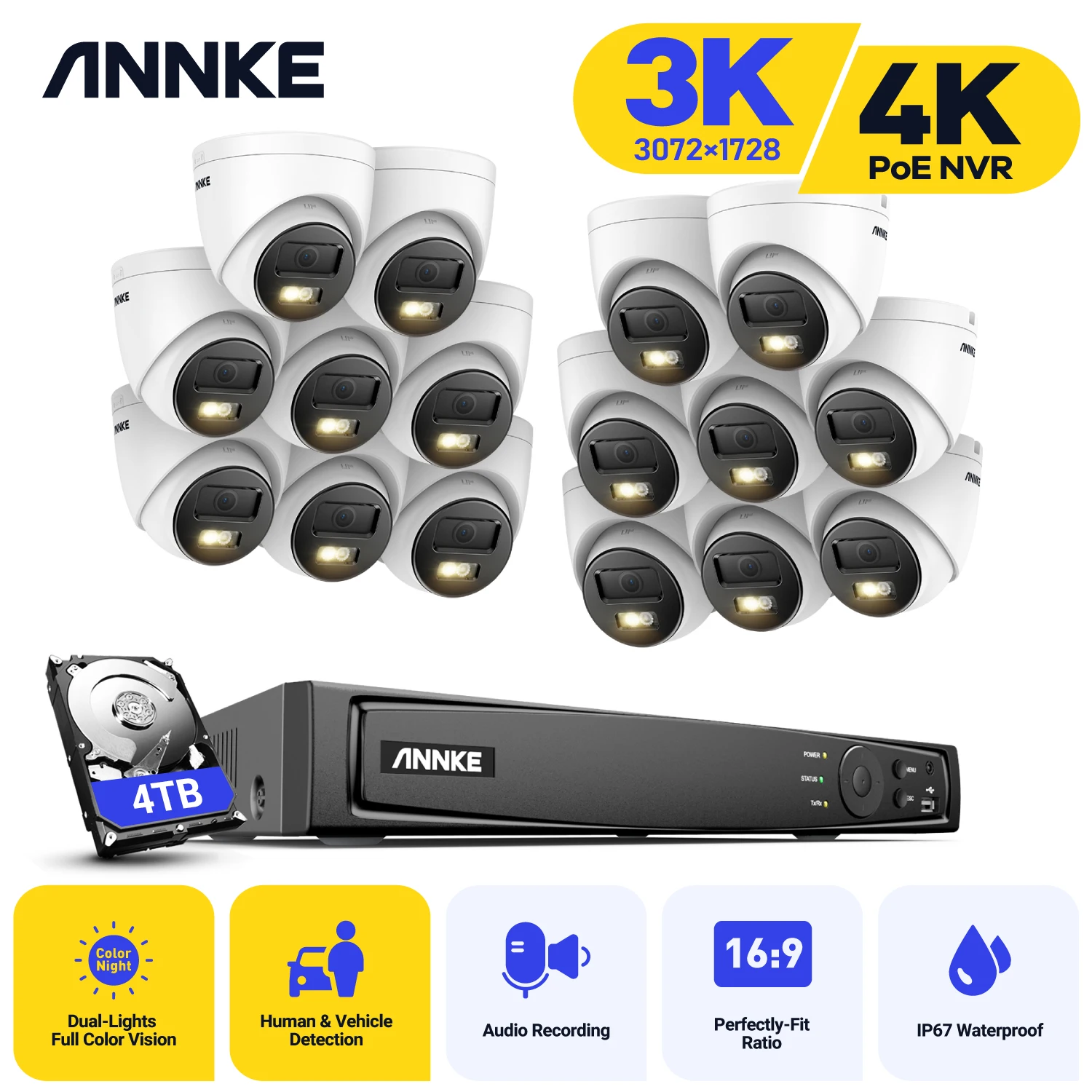 Annke H.265+ 3K Smart Dual Light POE Camera System 2.8MM Len Human Vehicle Detection IP67 Security Protection Video Surveillance