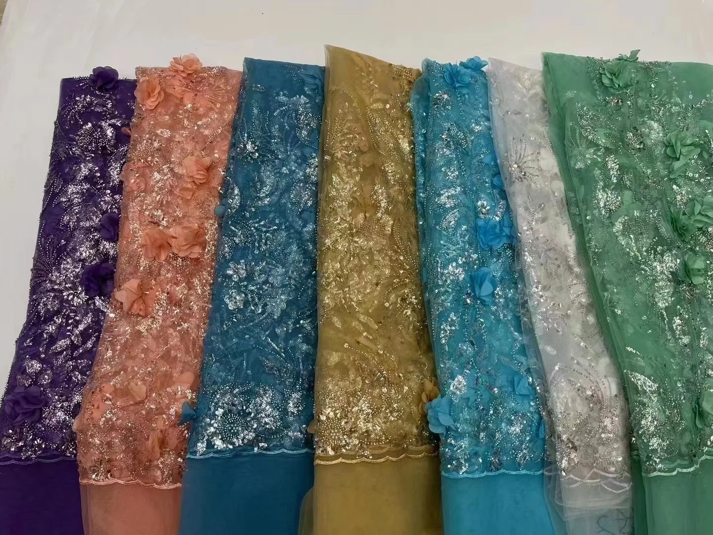 

3D Flowers Embroidery French Tulle Net Sequins Lace Fabric With Beads African Lace Fabric For Party Evening Dresses Wedding