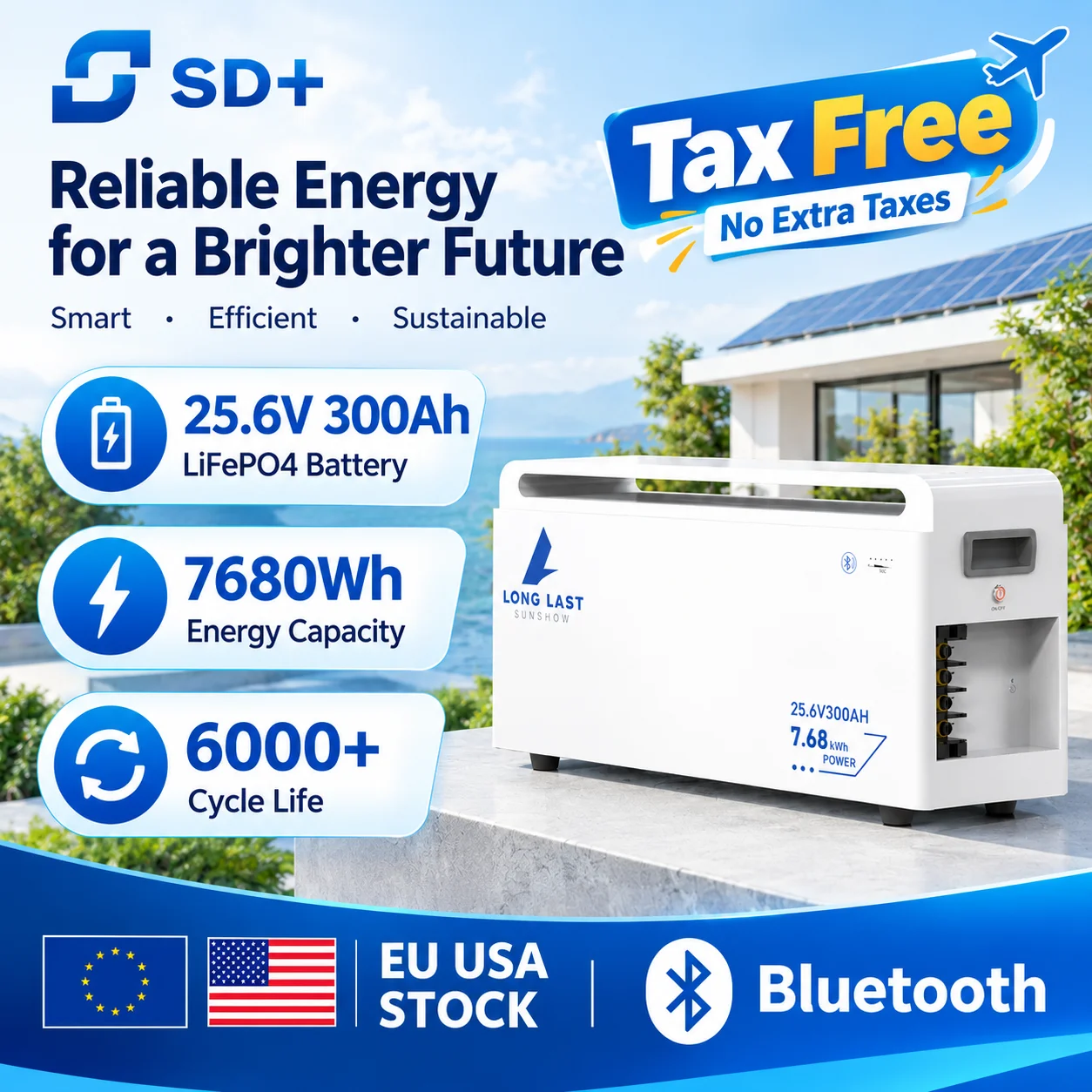 Bateria litowa SANDISOLAR LiFePO4 25.6V 300Ah 7680Wh, maksymalny prąd rozładowania 200A, inteligentny system BMS, system inwerterowy, magazyn UE.