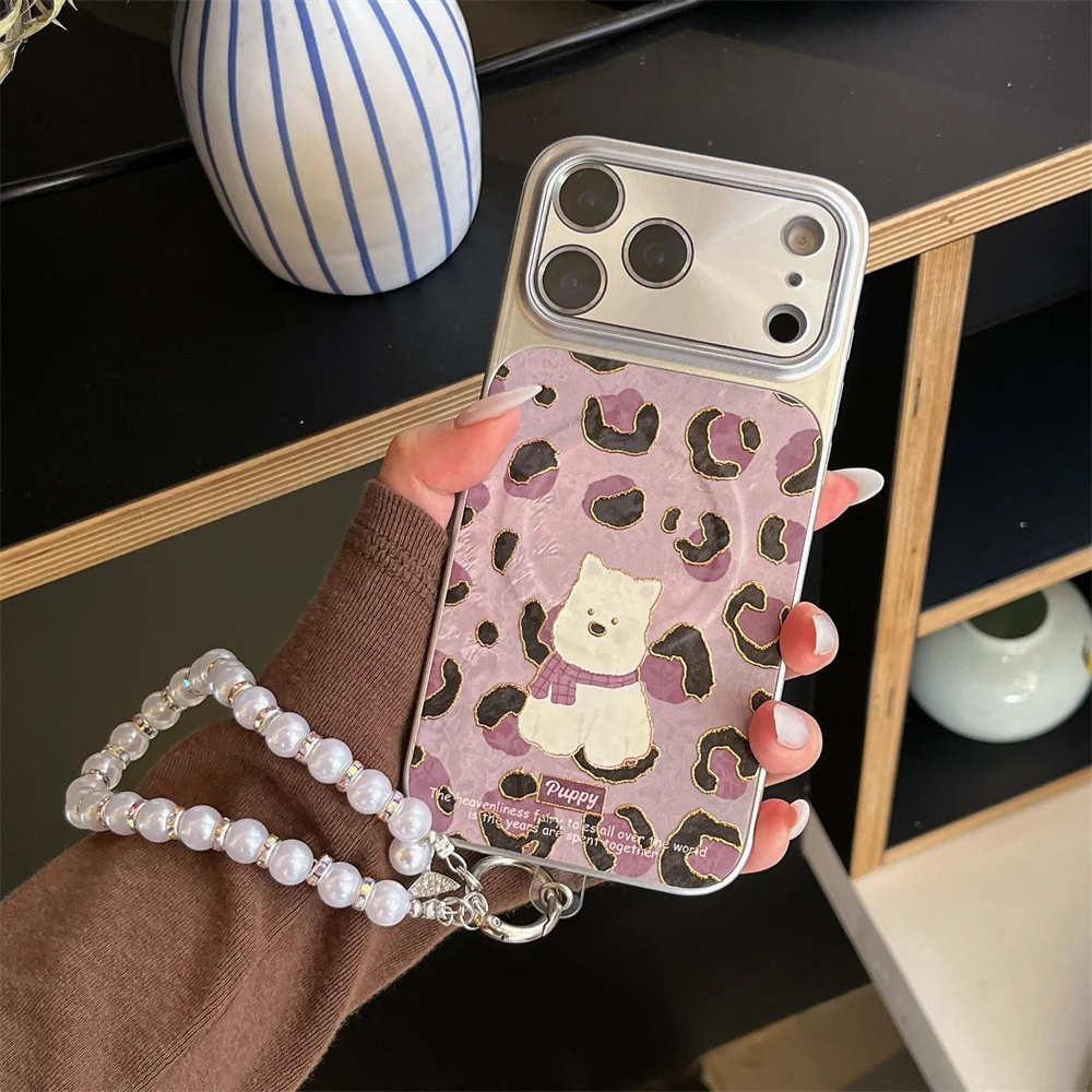 

Luxury Electroplated Leopard Puppy Magnetic Phone Case For iPhone 16 Pro 15 14 13 17 Pro Max Fundas Cute Protective Cover Cases