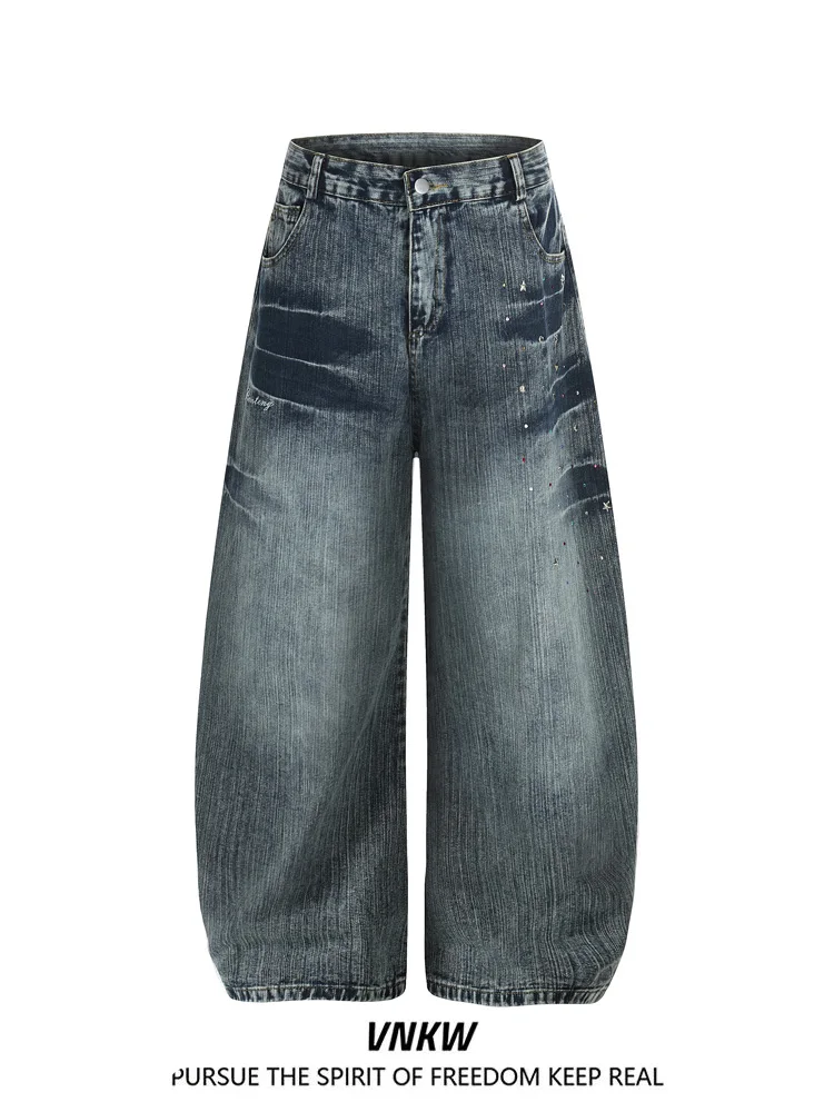 

Retro American Lightning Pattern Rhinestone iny Knife Jeans Loose Fit Men's Women's Waed out Wide Leg Versatile Long...