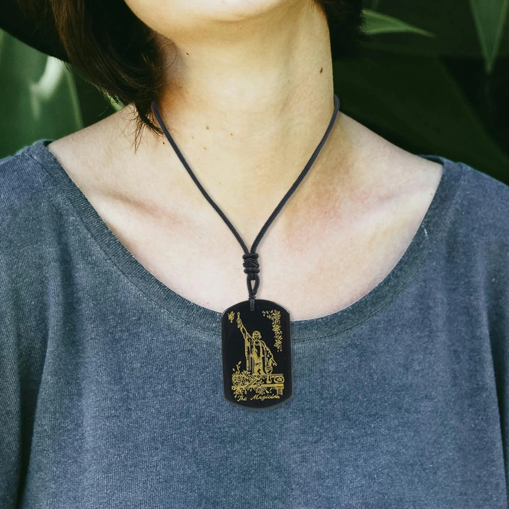 Natural Obsidian Tarot Cards Pendant Wealth Amulet Major Arcana Divination Charm Jewelry Star Moon Knight Empress Women Necklace
