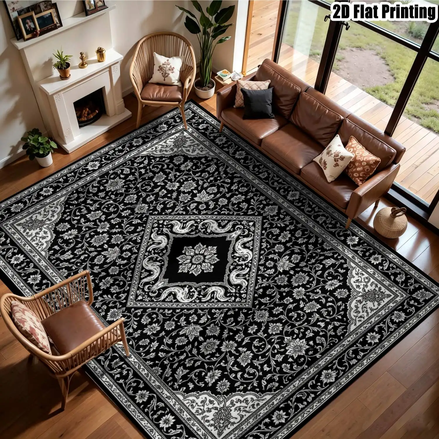 1Pc 2D Printed Carpet: Black-Gray Retro Scrolling Flower Pattern, European/Retro/Simple Style, Home Decor, Multi-Size, Machine Washable, Can Be Used as a Door Mat, Dining/Foyer/Study/Living/Bedroom Carpet