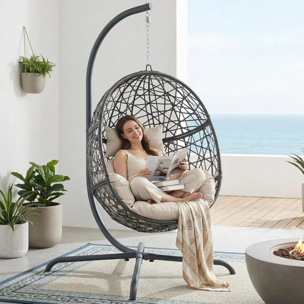 

Oversized Patio Swing Egg Chair, Rattan Outdoor Indoor Hanging Egg Chair with Stand, Cozy Bird Cage Swinging Basket Chairs