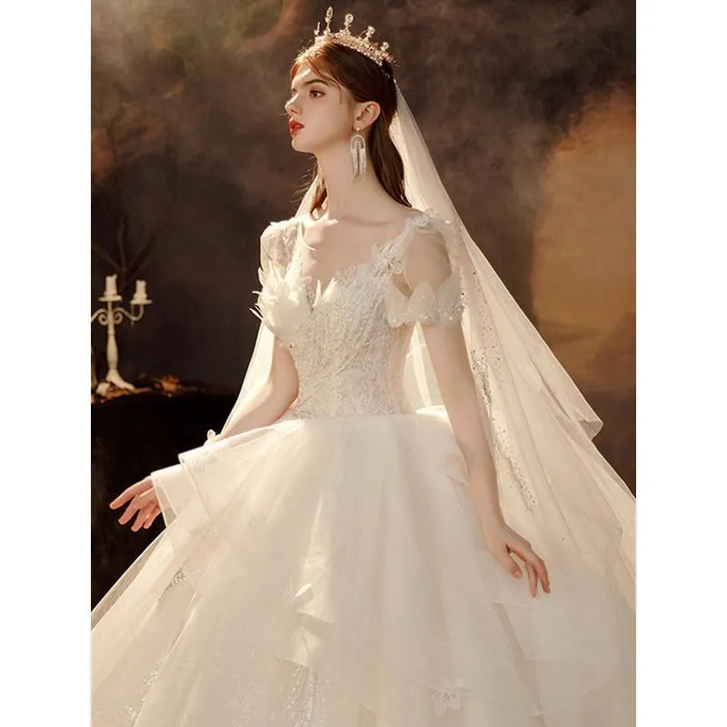 Robe de mariée A-ligne à paillettes de luxe, magnifique robe de mariée à col rond, tenue de soirée de princesse avec perles magnifiques