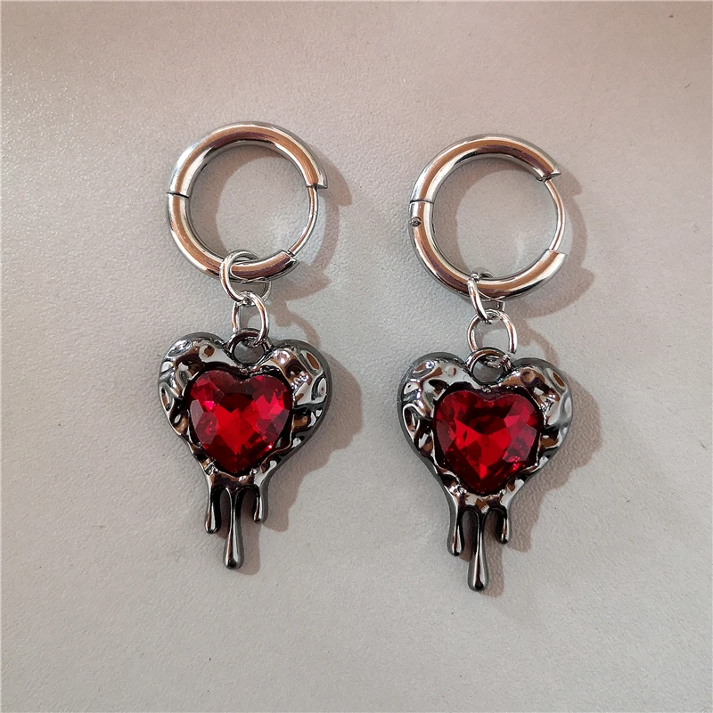 New Gothic Y2k Red Heart Pendant Dangle Earrings For Women Stainless Steel Jewelry EMO Grunge Vintage Aesthetic Rave Accessories