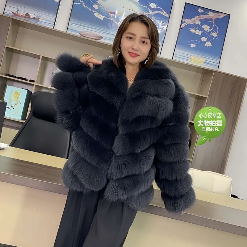 QUEENTINA Winter New Women\'s Real Fox Fur Coat With Collar Overcoat Leather Female Natural Plus Size