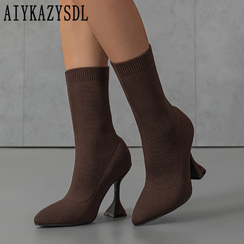 AIYKAZYSDL Knit Stretch Sock Ankle Boots Mid-Calf Booties Spring Autumn Women High Heel Shoes Female Short Boots Brown Ivory