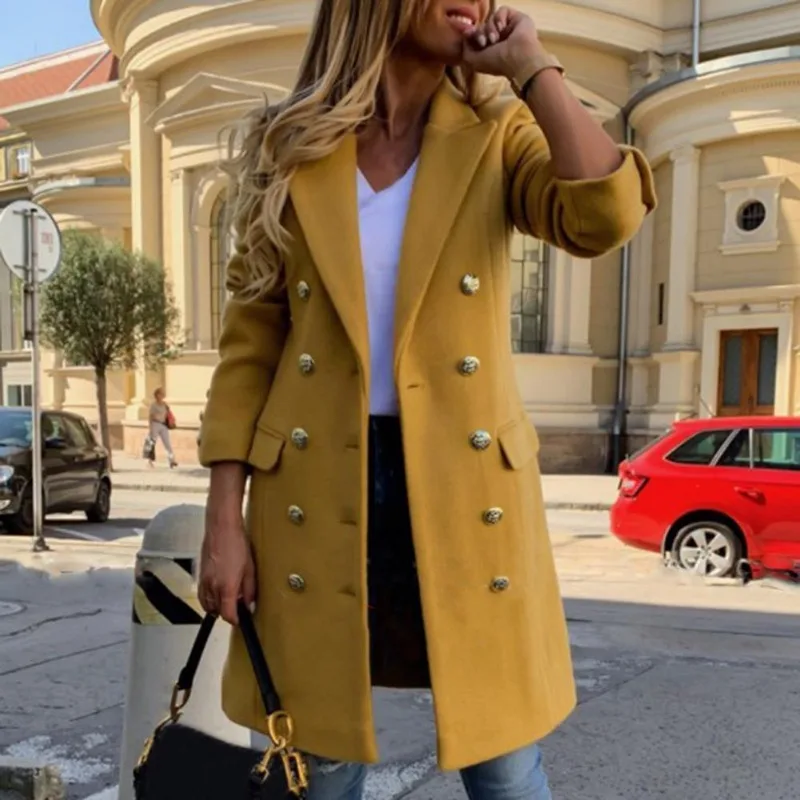 

2025 NEW Women Wool Coat Autumn Winter Long Sve Pure Color Turn-Down Collar Double-breasted Greatcoat Outerwear