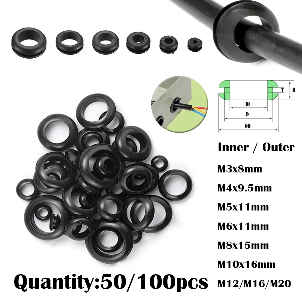 50/100Pc Oil Resistant Cable Hole Plug,Rubber Gasket Seals Rings, Wire Harness Protector, Waterproof Shim Washer Hardware M3-M20