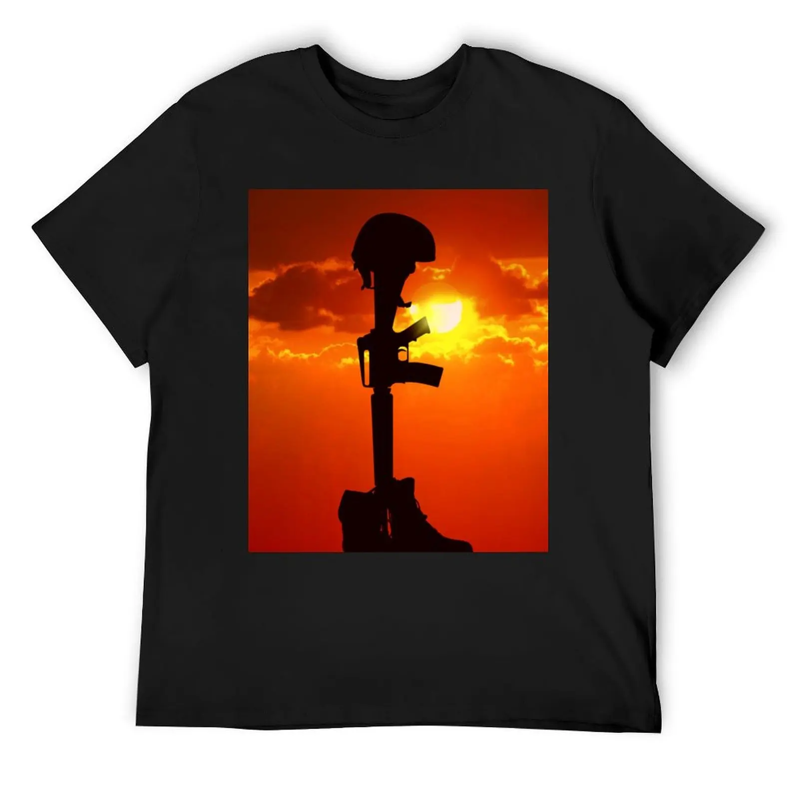 

Salute the fallen - Rifle & helmet with sunset background T-Shirt plus sizes anime clothes man t shirt designer t shirt men