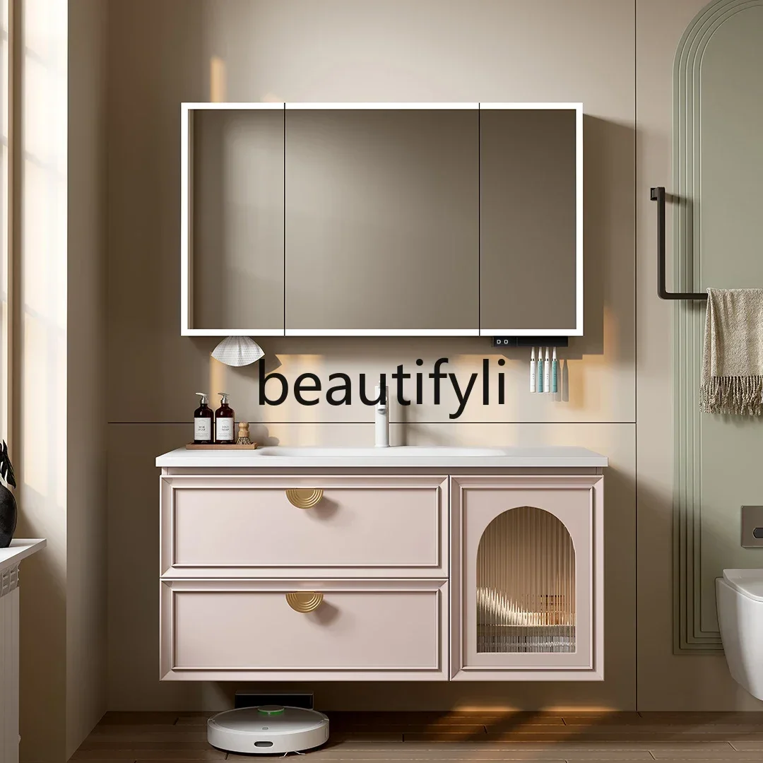

cream wind bathroom cabinet combination rock slab ceramic seamless basin washbasin bathroom cabinet washstand