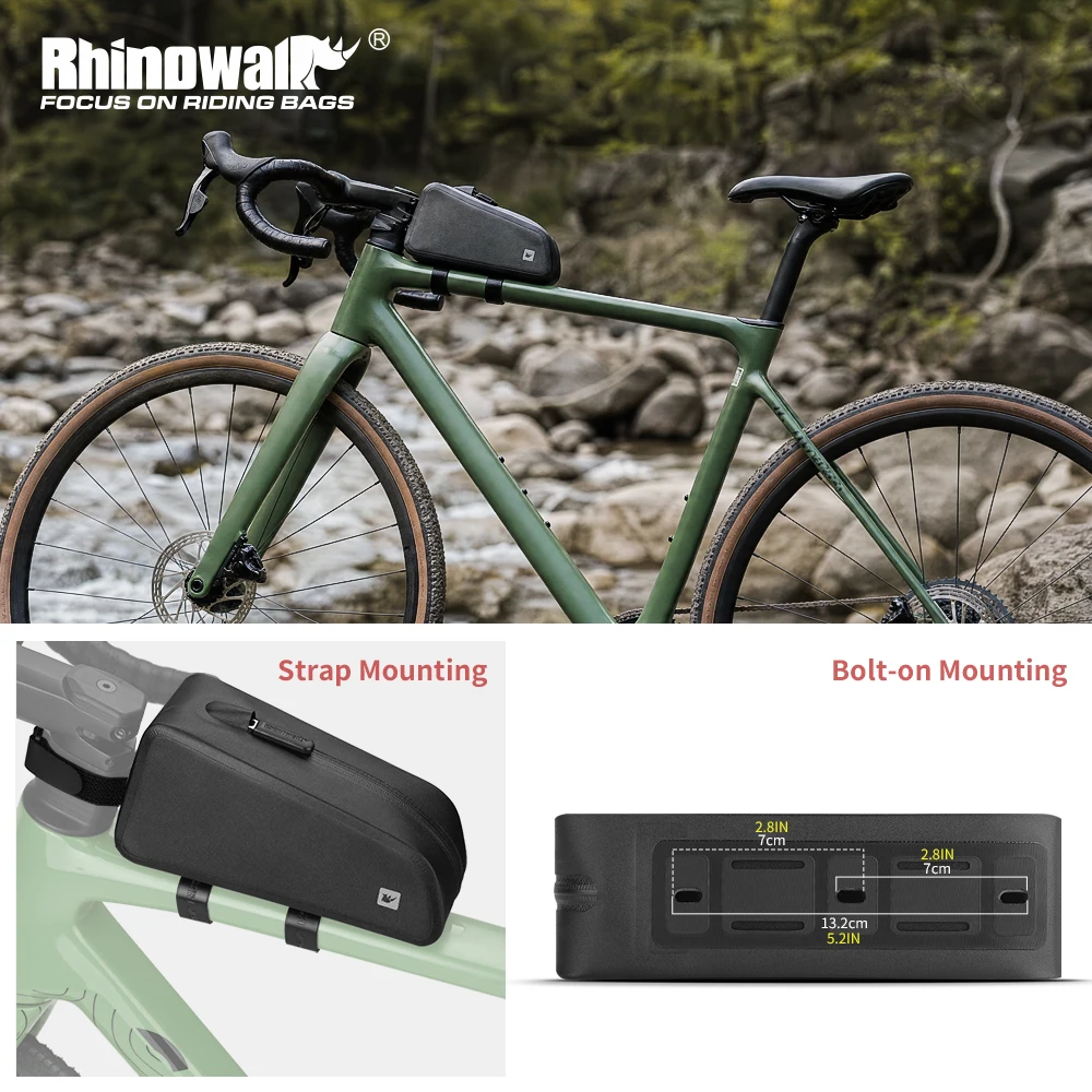 

Rhinowalk Bike Top Tube Bag 1.2L Waterproof Upgraded Fabric Cycling Front Tube Bag 2 Mounting Options for MTB Road Gravel