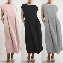 Women Elegant Solid Maxi Dress Summer Short Sleeve O Neck Vintage Harajuku Cotton Linen Loose Sundress Pockets Long Dress