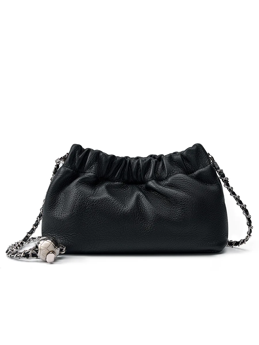 Popular Chain Underarm Bag Female Advanced Sense Cloud Fold Bag Female Bag Cowhide Single Shoulder Crossbody Bag Gold Ball Chain