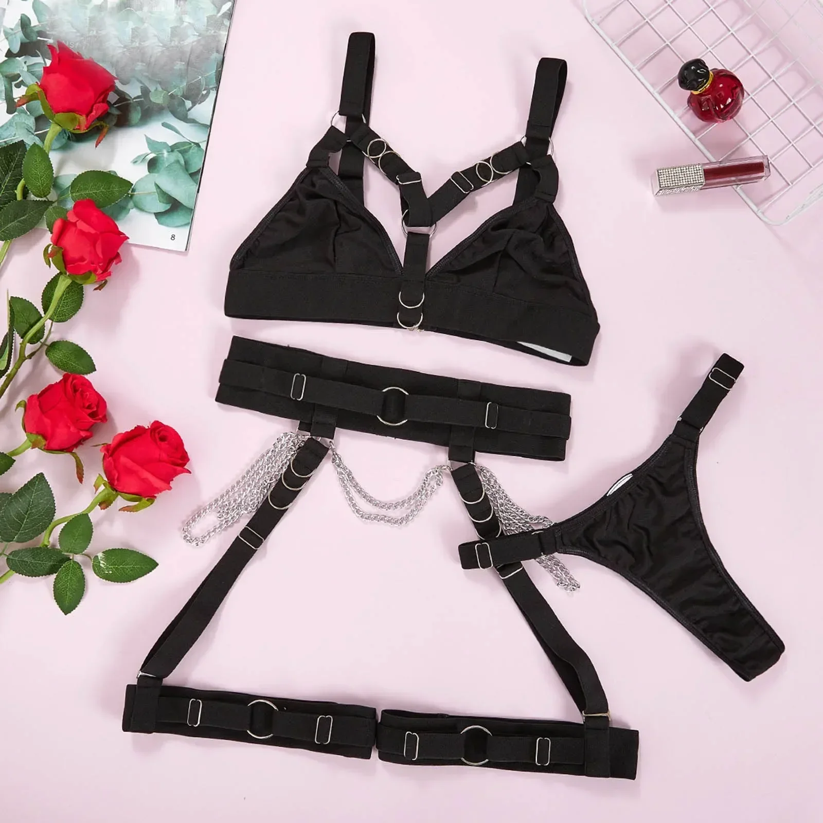 3 Piece Sexy Body Harness Belt Lingeries Sets Exotic Hollow Out Metal Chain Garter Belt Latex Underwear Outfit Bra And Panty Set