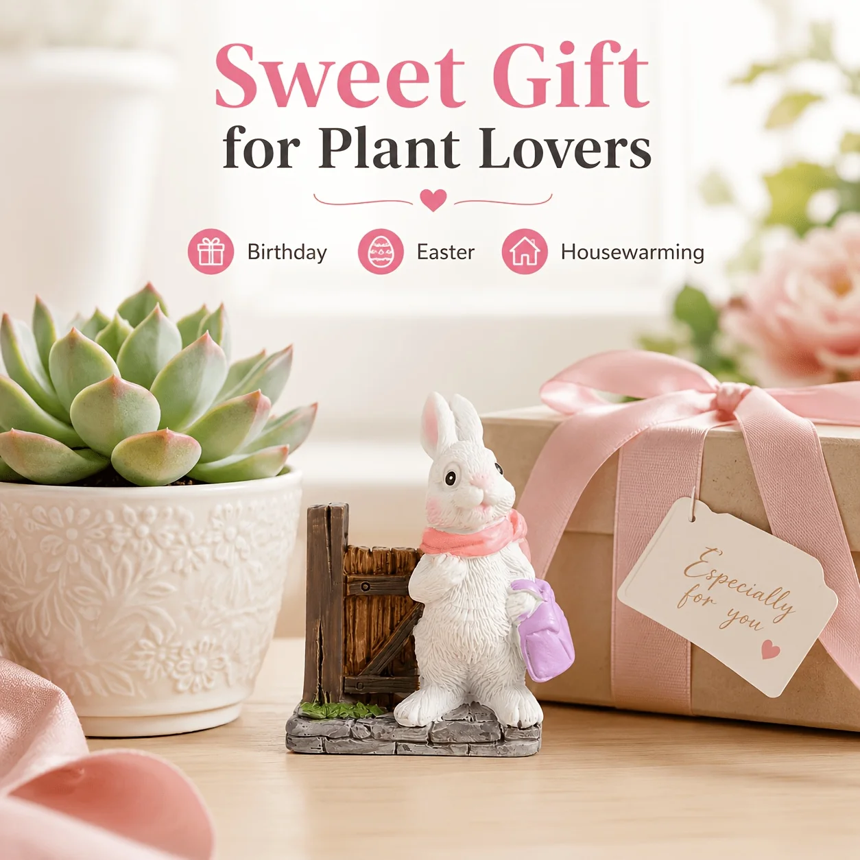 Cute Travel Bunny with Scarf & Gate Figurine, Hand-Painted Polyresin Rabbit Ornament, Mini Decor for Succulent Pot, Bonsai, Terr