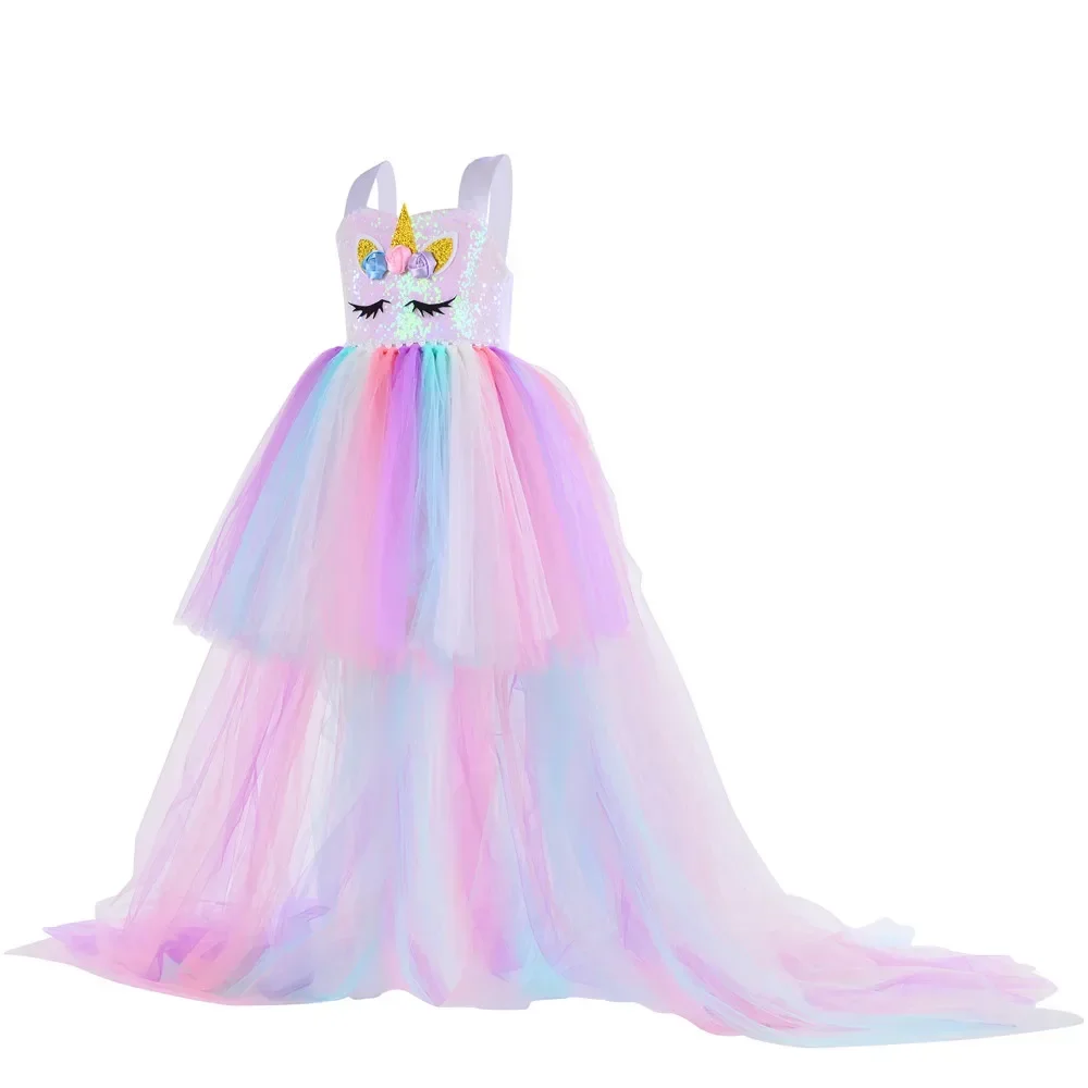 Kids Long Tail Unicorn Dress with LED Lights Girls Birthday Party Dress Princess Carnival Costume Hairband Pastel Rainbow Gown