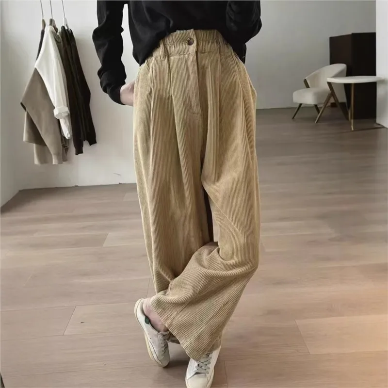 Johnature Simple Women Spring Autumn New Loose Corduroy Trousers 2024 Casual Wide-leg High-waisted Straight elastic waist Pants