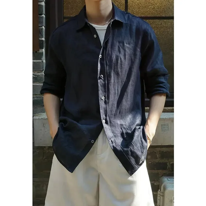 

Льняная рубашка, мужская осенняя легкая корейская стильная свободная рубашка с длинными рукавами для поездок на работу