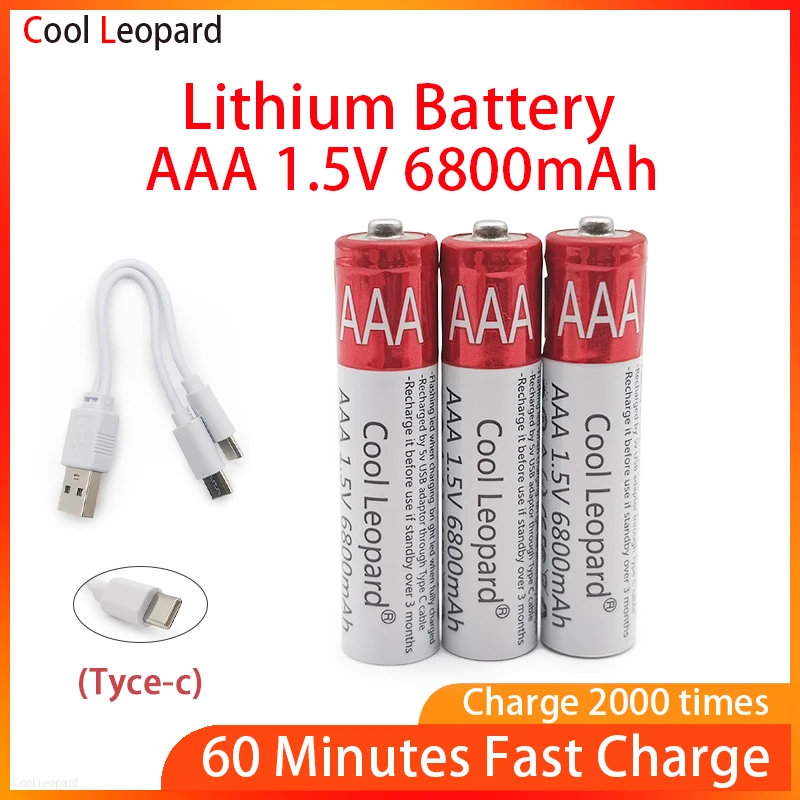 

2022 New 1.5V AAA 6800mah Full Capacity USB 15V Rechargeable Lithium Battery,For Toy MP3 Player Keyboard Battery+Cable.