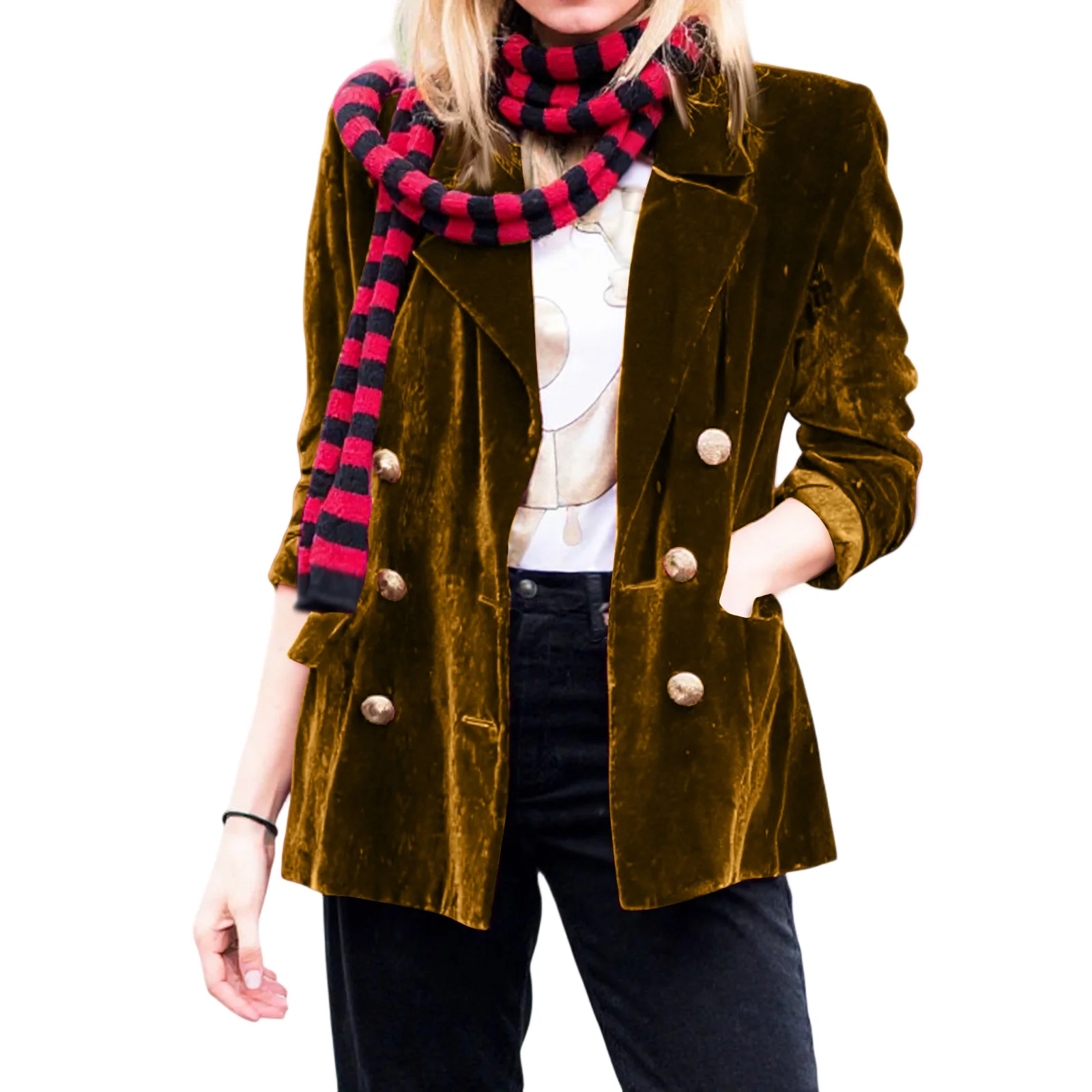 Women's Casual Suit Jacket Fashion Elegant Solid Color Long Sleeve Gold Velvet Button Coat Spring Autumn Blazers