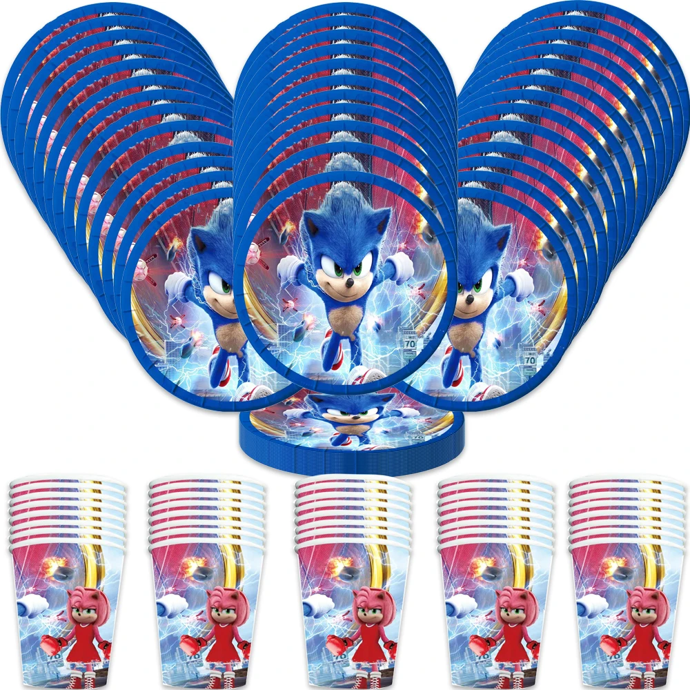 60pcs/lot  Sonic Theme Birthday decoration Cups Plates Happy Birthday Events Party Kids Favors Decorate Tableware Set