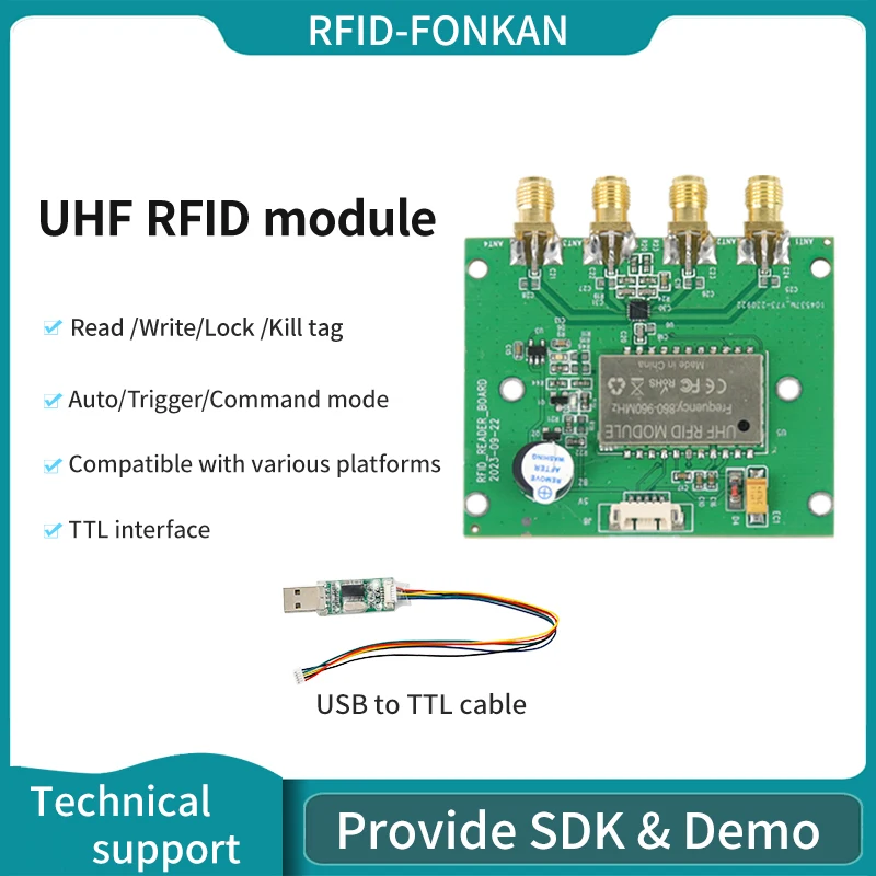 

Модуль считывателя UHF RFID с 4 портами, 860-960 МГц, интерфейс TTL/RS232, считыватель для контроля доступа, бесплатный SDK для Android