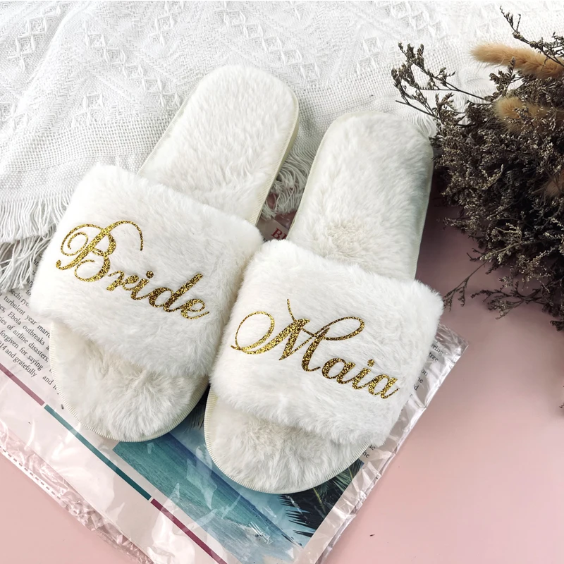 

Custom Personalized Wedding Bridesmaid Slippers Add Any Text Bachelorette Bridal Shower Party Bedroom Fluffy Soft Slippers Gifts