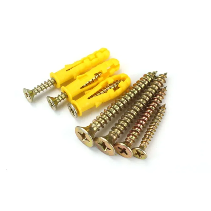 Sets Plastic Tube Expansion Wall Anchors Plugs Fasteners Nylon Self-TappingPhillips Head Screw Bolt Ribbed YellowDrywall M6M8M10