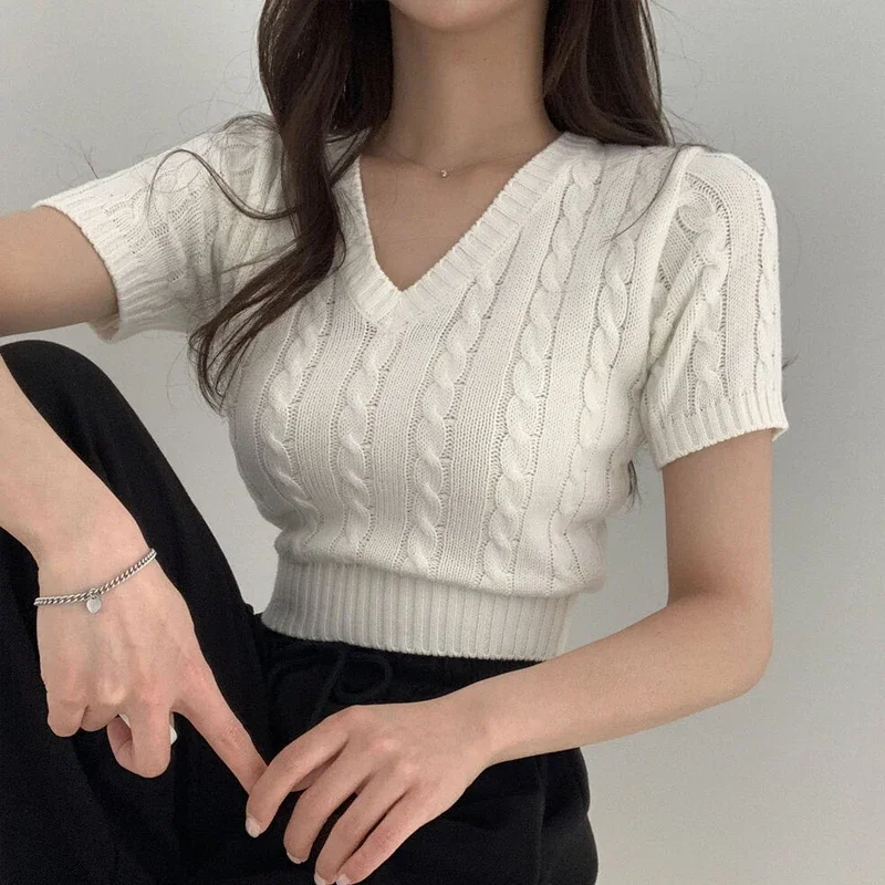 V Short Sleeve White Twist Sweater Women Jersey Sueters Mujer Slim Crop Tops Temperament Spring Knitted Sweaters Wild Korean