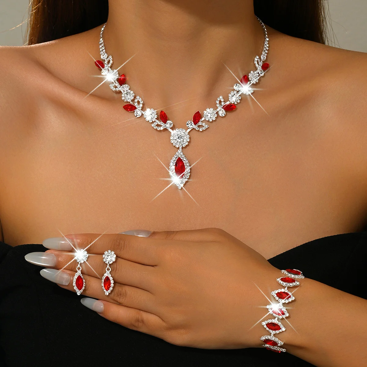 New Zircon Crystal Flower Necklace, Earrings and Bracelet Set - Fashionable and Sweet Bridal Eco-friendly Jewelry Set