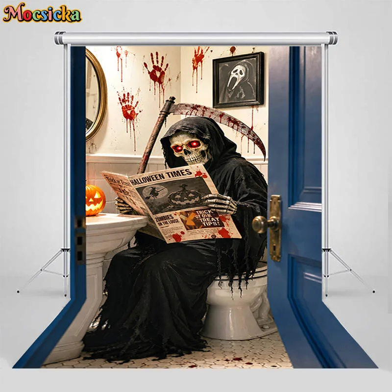 Mocsicka Halloween Grim Reaper Photography Backdrop Funny Skeleton On Toilet Photo Background Spooky Party Studio Prop Wallpaper