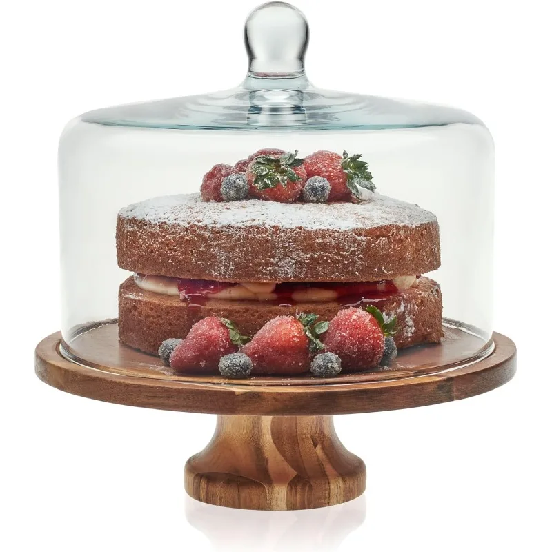 Acacia Wood Cake Stand with Lid, Footed Round Cake Container, Ball Top Handle Covered Cake Stand, Durable Glass Dome Cover