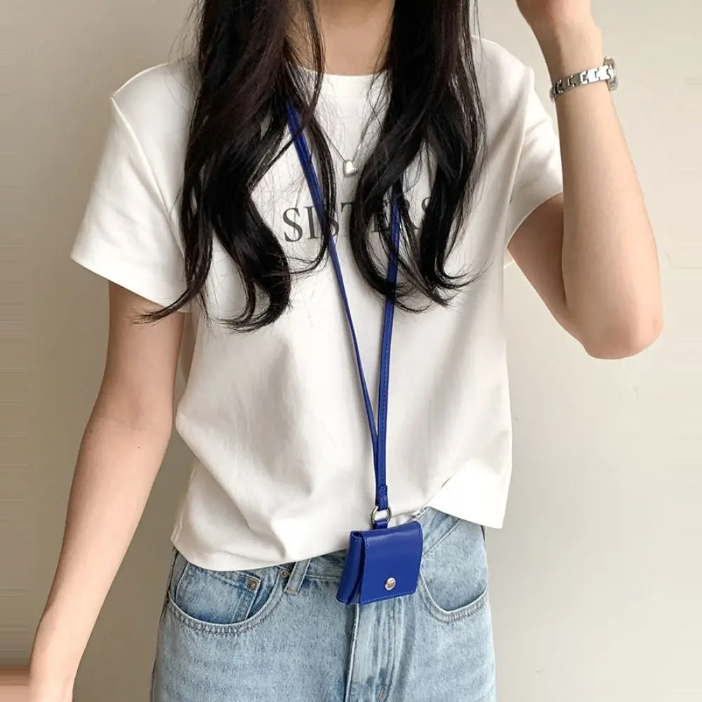 

Portable Hanging Neck Headphone Bag PU Leather Multifunctional Lanyard Lipstick Bag Square Card Holder Small Coin Purse Daily