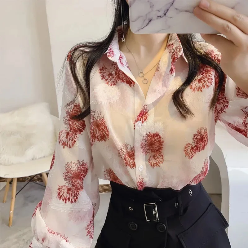 Long Sleeved Casual ShirtS For Women Spring/Summer New Loose Floral Top For Women Sunscreen Shirt Chiffon Lantern Sleeve Tops